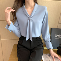 Chemisier en Chiffon à Manches Longues pour Femme, Blouse Tendance 2026 avec Nœud et Col en V, Hauts de Bureau Élégants pour Femme 8306 #