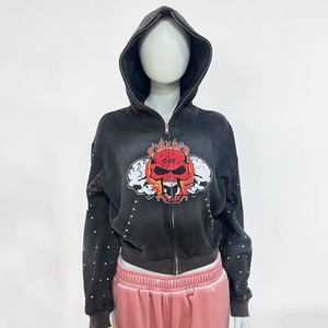 Clothing Manufacturer Dtg Prints logo <b>Cropped</b> Pullover Women Hoodies Sweatshirt Acid Wash Full <b>Zip</b> <b>up</b> Custom Rhinestone Hoodies - Product Image 1