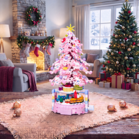Jouets de Noël pour enfants, arbre de Noël rotatif, train mécanique, briques roses éducatives DIY, cadeau de Noël pour enfants, modèle de construction