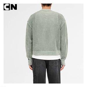 BSCI Certification Sweater Manufacturer Custom Design logo <b>Men</b> 100% Cotton Vintage Knitwear Acid Wash Open Gauge Knit Sweater - Product Image 3