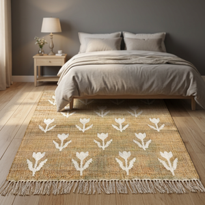 Tapis en jute à motif floral, rectangulaire, à poils ras, style bohème, antidérapant, pour chambre à coucher - Product Image 5