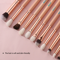 Lot de 15 pinceaux de maquillage professionnels à manche en bois rose mat, poils de chèvre, pour visage, sourcils, eye-liner et fard à paupières, avec logo personnalisé