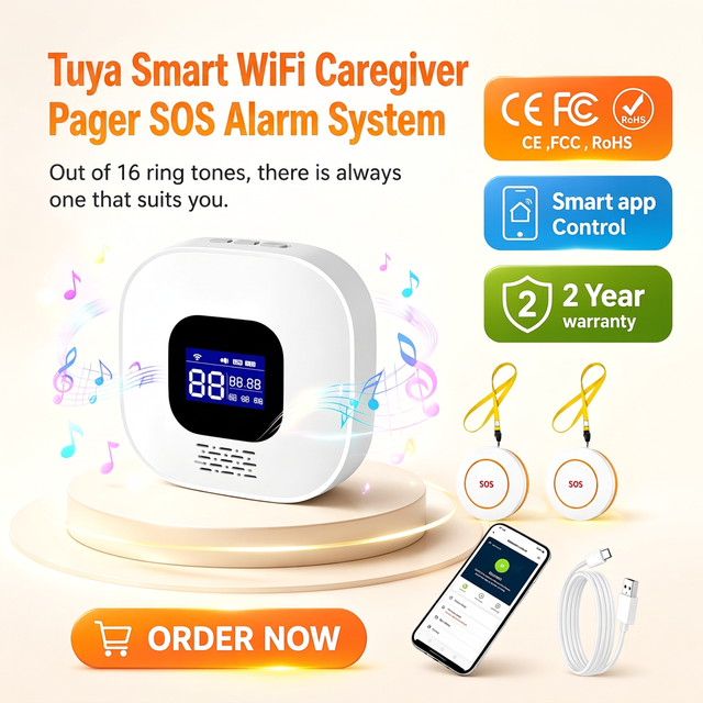 Tuya Smart WiFi Caregiver SOS Emergency Alarm System for Elderly with ABS Material up 70m Range CE FCC RoHS Certified PST-CF206