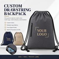 Sac à dos en toile personnalisé avec logo, cordon de serrage et fermeture éclair latérale, gris foncé, idéal pour les marques de beauté, les cadeaux promotionnels et la vente au détail