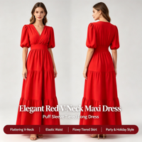 Robe longue maxi décontractée d'été pour femme, col en V, manches courtes bouffantes, taille haute, à volants étagés, pour plage et soirée, vêtements féminins ODMOEM