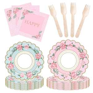 ชุดถ้วยน้ำชา จานรอง กระดาษเช็ดปาก ถ้วยชาและจานรองพร้อมหูจับ สำหรับงานเลี้ยงวันเกิดเจ้าหญิง ตกแต่งงานฉลองวันเกิดเด็ก ลายดอกไม้ - Product Image 4