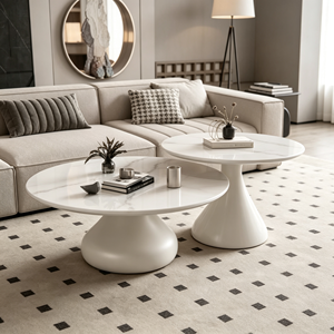Ensemble de tables basses gigognes rondes modernes avec plateau en marbre, design minimaliste pour salon, base blanche - Product Image 5