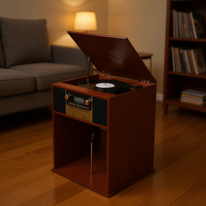 Victor Boyleston Système de cinéma maison 7-en-1 avec tourne-disque 3 vitesses et finition acajou, avec rangement pour albums, modèle D0100XFQ70X - Product Image 2