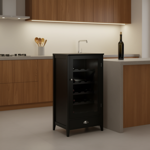 Armoire à vin Bordeaux 20 bouteilles, porte en verre noir, rangement de cuisine, style traditionnel modulaire, 1 tiroir, armoire en bois massif - Product Image 2