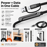 Câble de charge rapide USB-C vers USB-C 240W E-Marker en nylon tressé avec support de téléphone pliable et adaptateur USB-A – Vente en gros