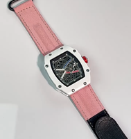 Montre-bracelet unisexe à quartz ultra-fine 9 mm, cadran squelette évidé léger, bracelet en nylon rose, style mode