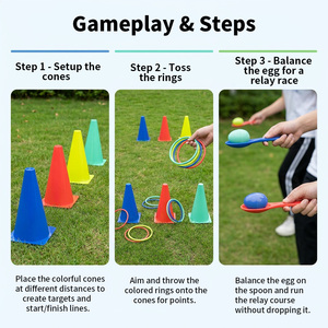 Kit de jeu multifonctionnel pour enfants : <span class=keywords><strong>Course</strong></span> aux <span class=keywords><strong>œuf</strong></span>s, <span class=keywords><strong>Course</strong></span> aux cuillères, Cônes de circulation, Lancer d'anneaux, Jouet d'entraînement sensoriel pour intérieur et extérieur - Product Image 2