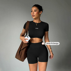 Ensemble de sport pour femmes, haut et short de yoga respirants, à séchage rapide, couleur unie, sensation de peau nue, ajustés, pour la course à pied et l'entraînement, logo personnalisé - Product Image 5