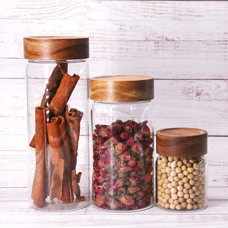 High Quality Kitchen Borosilicate Container Set Glass Storage Jar With Wooden Bamboo Top
