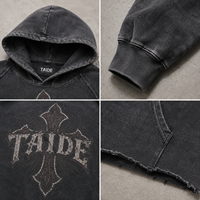 TaiDe Certifié ISO 500GSM Sweat à capuche court délavé à l'acide, motif croix gothique imprimé recto-verso, ourlet brut, coupe oversize, streetwear, vente en gros