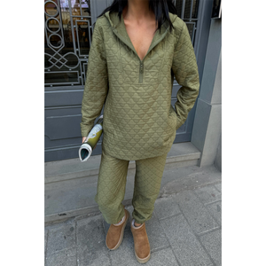 Ensemble de survêtement matelassé simple à capuche kaki léger pour femme style décontracté adulte - Product Image 5