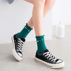 <span class=keywords><strong>Chaussettes</strong></span> ras du cou tendance pour femmes, motif volanté élégant avec perles, en coton tricoté, idéales pour le printemps – Vente en gros - Product Image 3