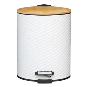 Metal Waste Bin Cylinder Metal Powder Coating Waste Bin Portable Iron Foot Pedal Waste Bin With Bamboo Lid