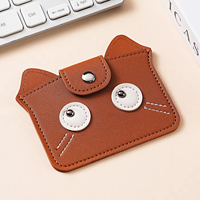 Tas Kartu Kulit Sapi Lapis Pertama Gaya Retro, Kulit Asli dengan Desain Anak Kucing Lucu Cetak Sablon, Ultra Tipis dengan Penutup Kancing