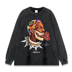 T-Shirt a Maniche Lunghe da Uomo con Stampa Serie <span class=keywords><strong>Hip</strong></span> Hop <span class=keywords><strong>Rap</strong></span>, Lavaggio Pesante per Effetto Vintage, Marca di Moda Americana OEM - Product Image 1