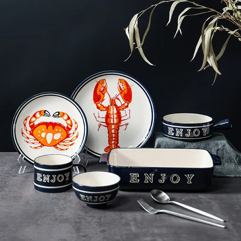 Simple Dining Brand Porcelain Lobster Cute Nordic Ceramic Tableware Set Luxury High Quality Heat Resistance Round Dinnerware