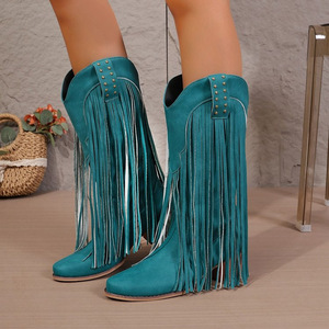 Botas vaqueras de mujer estilo western, de invierno, a media pantorrilla, con punta puntiaguda, remaches, borlas, tacón cuadrado, suela de goma, botas altas hasta la rodilla - Product Image 2