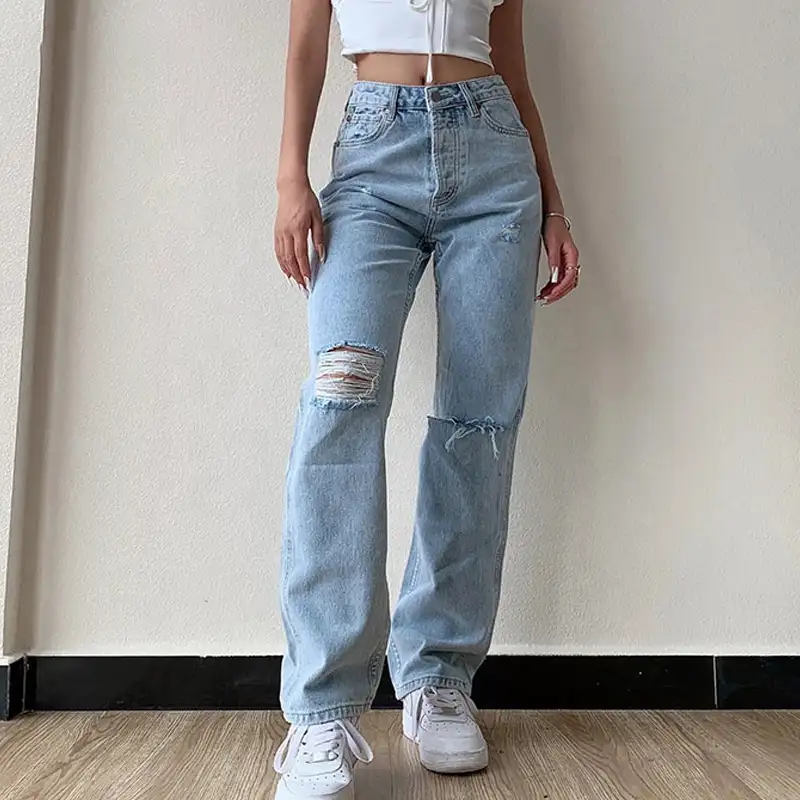 Women's Summer High Rise Ripped Mom Jeans 2021 y2k Fashion Loose Fit Distressed Denim Pants Straight Leg Baggy Jean Trousers