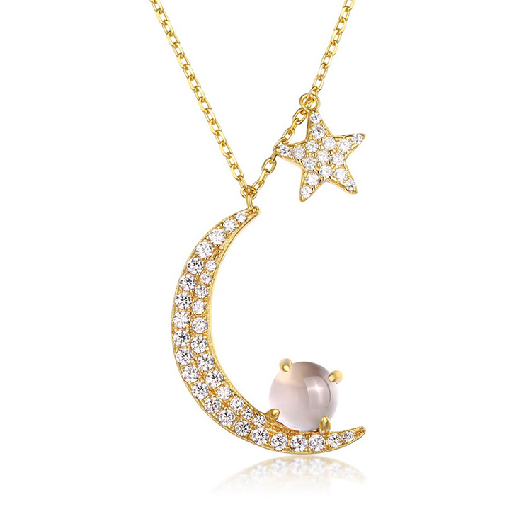 Las mujeres joyería de plata 925 de cuarzo rosa luna y estrella colgante, collar, regalo de cumpleaños