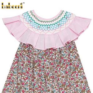 Robe longue maxi standard pour filles à smocks floraux géométriques, rose, à volants, smocks faits à la main, 100% coton, manches courtes pour le printemps - BB2052 OEM - Product Image 1