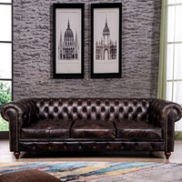 Canapé Chesterfield vintage en cuir véritable noir 3 places, canapé de luxe européen avec pieds en bois pour le salon