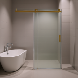 Porte de douche coulissante simple sans cadre en or, 60 po x 76 po, verre trempé de 1/4 po, design minimaliste - Product Image 2