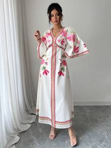 ชุดเดรสลำลองผู้หญิงแบบสั่งตัด ผ้าทอ 100% คอตตอน ระบายอากาศได้ดี ทรงปกติ เอวธรรมชาติ สำหรับฤดูใบไม้ร่วง คอตั้ง แขนสั้น ยาวแบบแม็กซี่ - Product Image 6