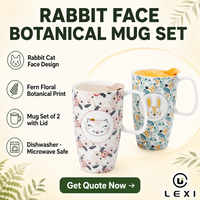 Ensemble de tasses de voyage en porcelaine avec motifs de lapin et de chat, 2 tasses à café avec couvercle, imprimé floral botanique, logo personnalisé, vente en gros, cadeau