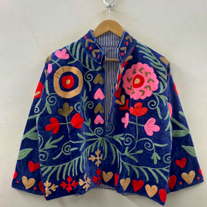 Chaqueta de terciopelo azul real para mujer, bordada a mano con diseño floral Suzani, abrigo corto con forro de algodón, reversible. - Product Image 1