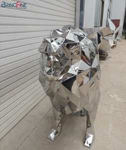 Tượng sư tử bằng thép không gỉ, điêu khắc hình học hiện đại, đánh bóng gương, kích thước thật, làm thủ công, đặt ngoài trời, trang trí sân vườn. - Product Image 3