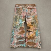 DiZNEW Jeans en denim premium délavé à la boue pour hommes, avec superposition de dentelle florale arc-en-ciel, coupe ample et jambe large, logo personnalisé, usine OEM