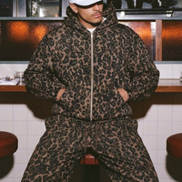 Sweat à capuche zippé personnalisé orné de strass léopard, coupe oversize ample, style streetwear, avec cordon de serrage, et ensemble de survêtement jogger