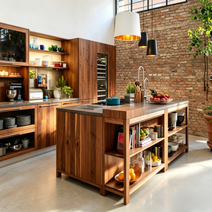 Meuble de cuisine haut de gamme sur mesure avec base en bois de noyer et accents noirs pour maisons modernes à plan ouvert - Product Image 5