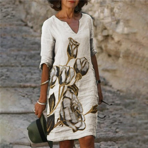 Vestido midi con estampado floral y cuello en V, transpirable, informal, para uso diario - Product Image 4