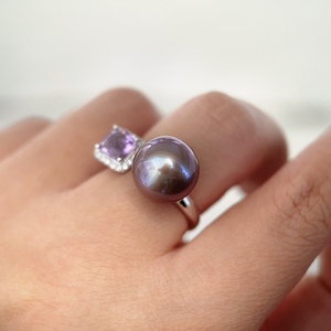 Modern Luxury Women's <strong>Bridal</strong> Ring Earrings <strong>Set</strong> Royal Purple Amethyst Edison Pearl 925 Sterling Silver Vintage Style - Product Image 4