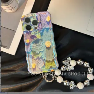 Cassa di lusso del telefono di moda del fiore della pittura a olio dell'onda blu per iPhone15promax 14pro 13 corda portatile 12 11 custodia morbida Apple15
