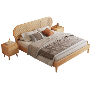 Retro Rattan Solid Wood Double <b>Bed</b> 1.8m 1.5m Storage <b>Bed</b> With Compartments Bedroom Furniture - Product Image 4