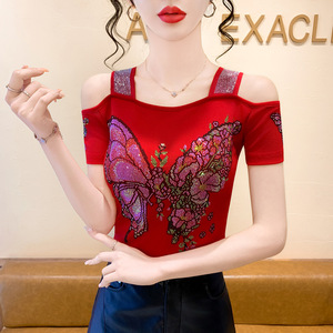 Nueva Blusa Elegante de Doble Capa <span class=keywords><strong>con</strong></span> Pedrería y Malla de Seda Helada, Manga Corta, Hombros Descubiertos y <span class=keywords><strong>Espalda</strong></span> <span class=keywords><strong>con</strong></span> Diseño Atractivo - Product Image 1