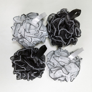 <b>Bath</b> Ball Large Size Black And White Mesh With Ribbon For Men And Women <b>Bath</b> <b>Sponge</b> Shower Pouf - Product Image 1