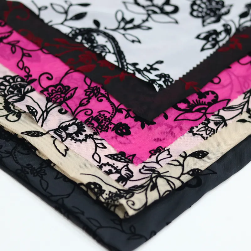 Beflockt Mesh Stoff Stretch Flock ing Stoff für Kleidung Textil benutzer definierte Tüll elastische Mode Unterwäsche