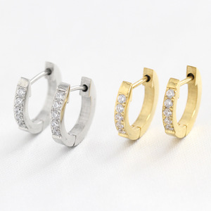 Boucles d'oreilles en acier inoxydable avec diamants, 9 mm, taille brillant ronde, style Huggie Hoop, pour usage quotidien, bijoux unisexes - Product Image 1