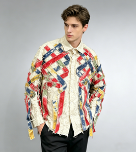 Chemise décontractée en flanelle texturée <span class=keywords><strong>à</strong></span> boutons, multicolore, tie-dye, patchwork de rubans, franges, bretelles, coupe oversize, avant-gardiste pour homme - Product Image 3