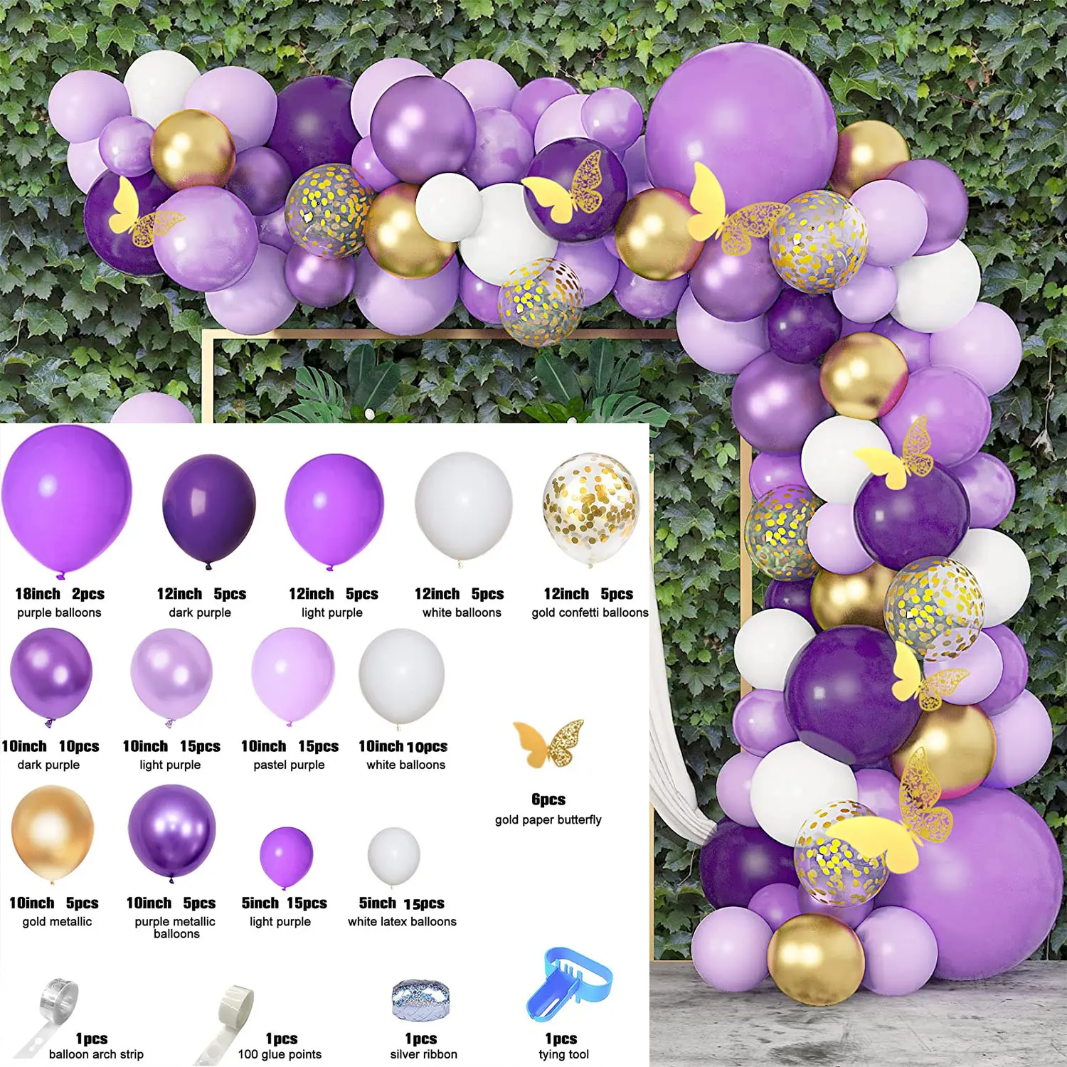 Großhandel Bogen-Set chrom-Metall-Konfetti lila Ballons Party-Dekorations-Set