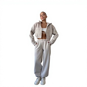 Conjunto Deportivo Beige Personalizado para Mujer, Sudadera con Cremallera y Pantalones Anchos, Ropa Deportiva Casual de Dos Piezas, Proveedor de Conjuntos a Juego - Product Image 1