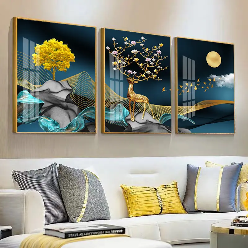 Living Room Decor Gold Luxury Deer Wall Art Prints Pictures Nordic crystal porcelain painting picture wall